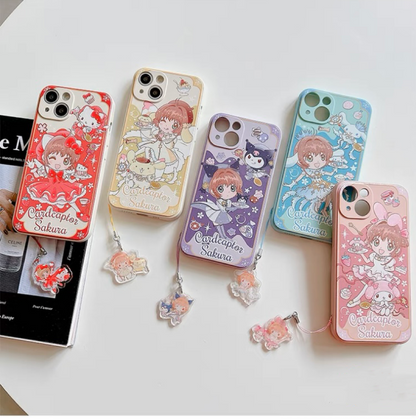 Colour Japanese Cartoon CardCaptorSakura Cafe Maid with Hello Kitty My Melody Kuromi Cinnamoroll Pompompurin iPhone Case 6 7 8 PLUS SE2 XS XR X 11 12 13 14 Pro Promax