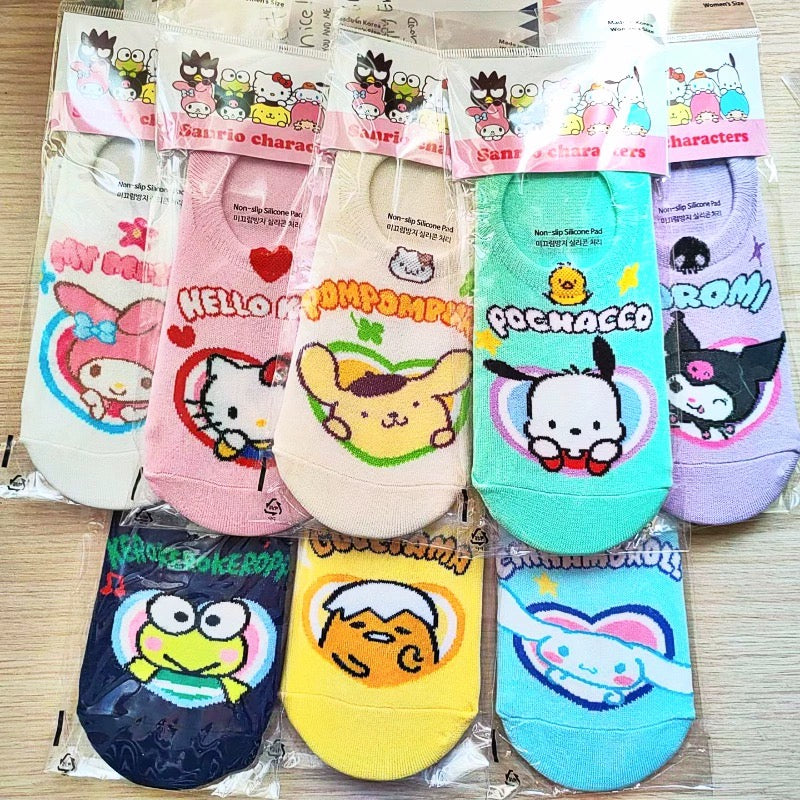 Sanrio Korea Low Cut Socks Heart Hello Kitty My Melody Kuromi Cinnamoroll Pompompurin Pochacco KeroKeroKeroppi Gudetama Anti-off Female Socks