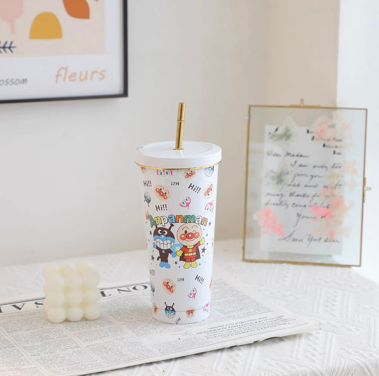 Japanese Cartoon Tumbler with Straw Warm Cool Lovely Cup Hello Kitty My Melody Kuromi Pompompurin Pochacco Hangyodon Cinnamoroll - with cleaning tool