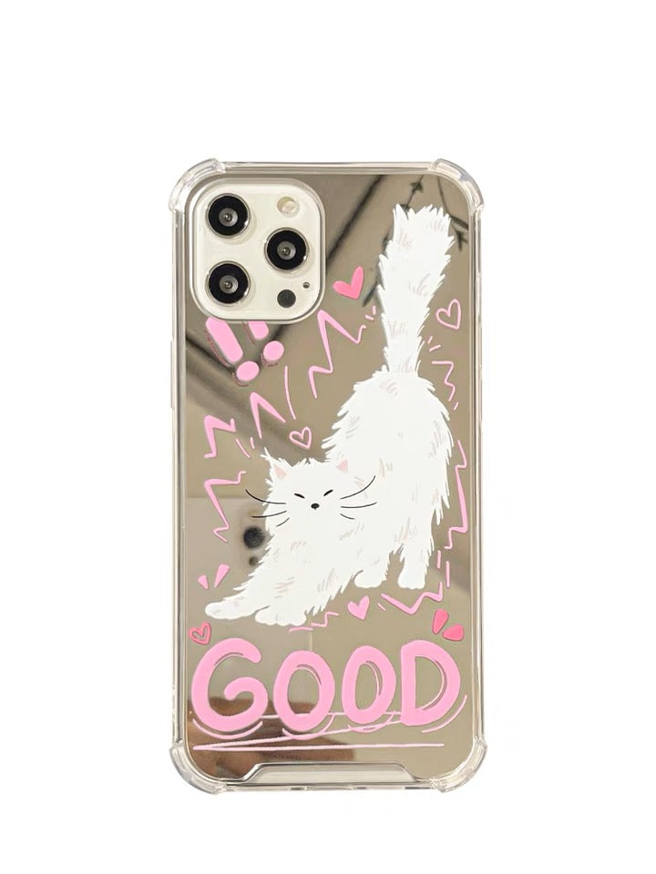 Good White Cat Kitten with Mirror iPhone case Kawaii Lovely Cute Lolita iPhone 6 7 8 PLUS SE2 XS XR X 11 12 13 14 15 Pro Promax 12mini 13mini