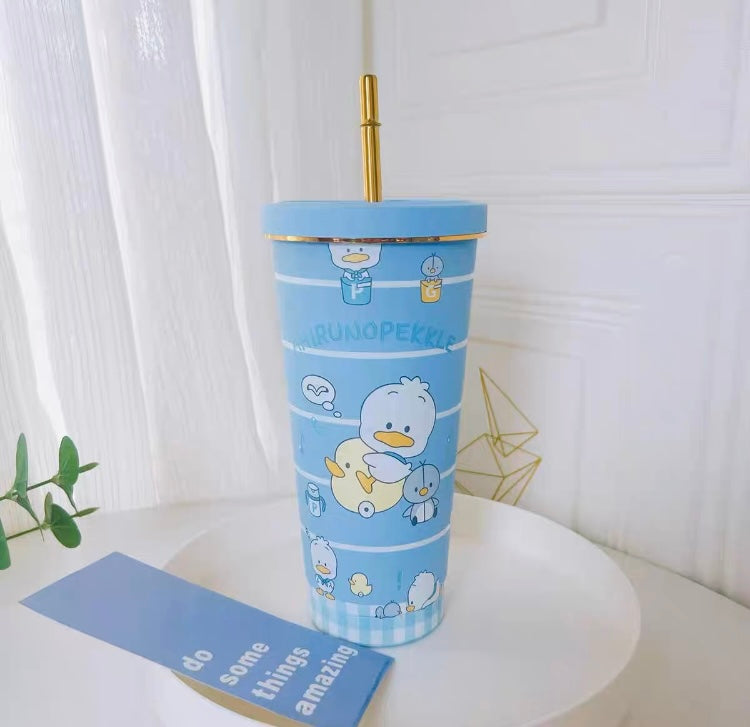 Japanese Cartoon Tumbler with Straw Warm Cool Lovely Cup Hello Kitty My Melody Kuromi Pompompurin Pochacco Hangyodon Cinnamoroll - with cleaning tool