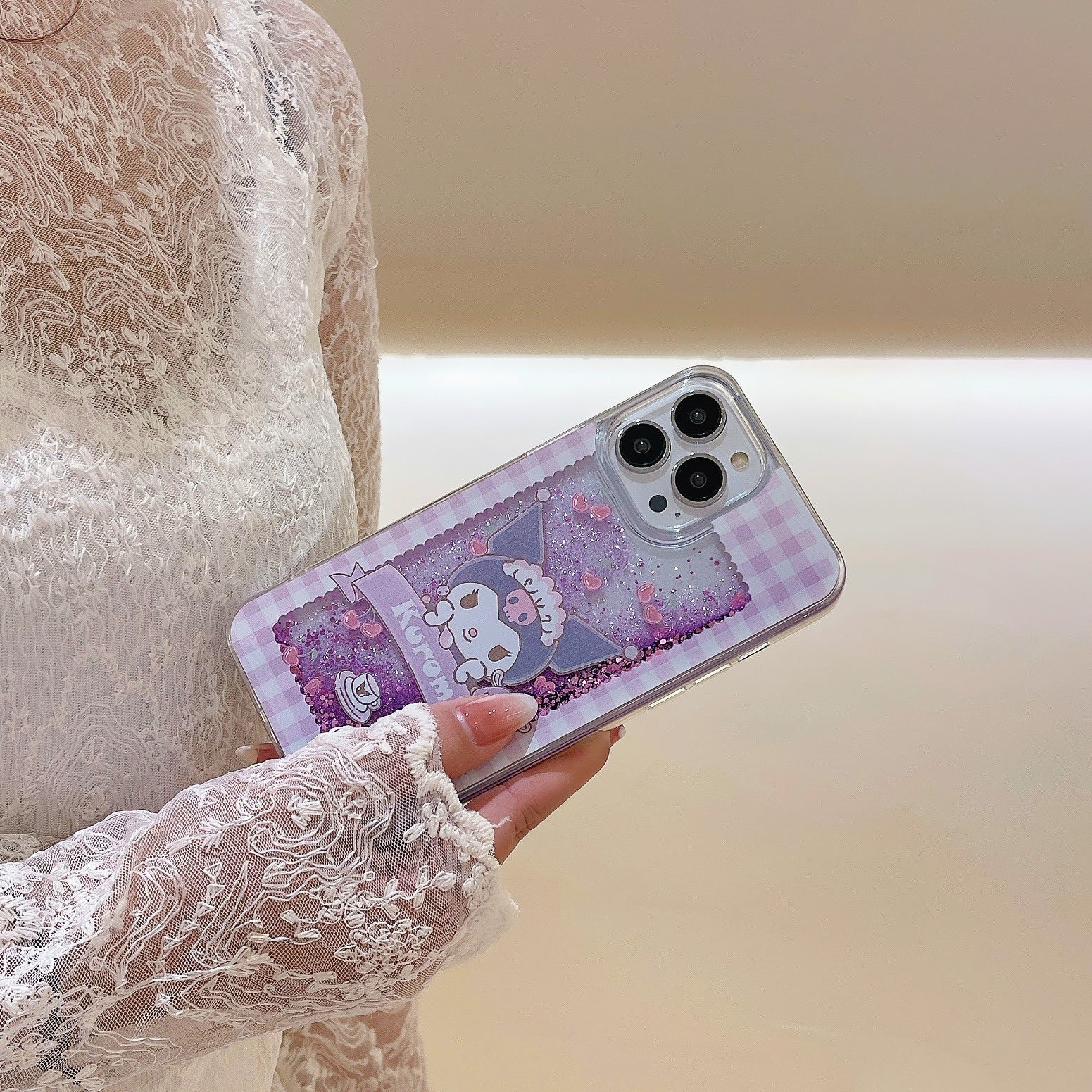 Japanese Cartoon MM KU Pink Purple Glitter QuickSand iPhone Case 15 14 13 12 11 XS XR Pro Max Plus