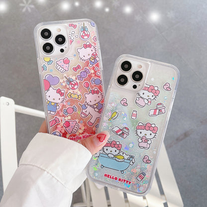 Japanese Cartoon KT Red Party Blue Bathing Glitter QuickSand iPhone Case 15 14 13 12 11 XS XR Pro Max Plus