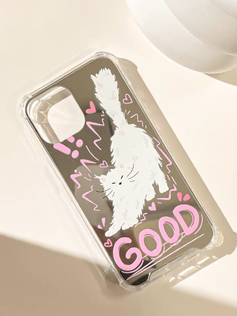 Good White Cat Kitten with Mirror iPhone case Kawaii Lovely Cute Lolita iPhone 6 7 8 PLUS SE2 XS XR X 11 12 13 14 15 Pro Promax 12mini 13mini