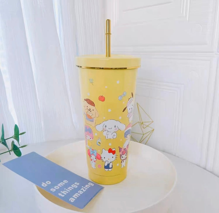 Japanese Cartoon Tumbler with Straw Warm Cool Lovely Cup Hello Kitty My Melody Kuromi Pompompurin Pochacco Hangyodon Cinnamoroll - with cleaning tool