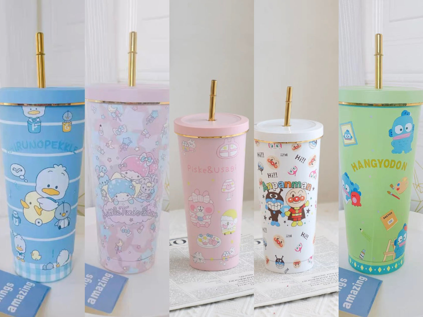 Japanese Cartoon Tumbler with Straw Warm Cool Lovely Cup Hello