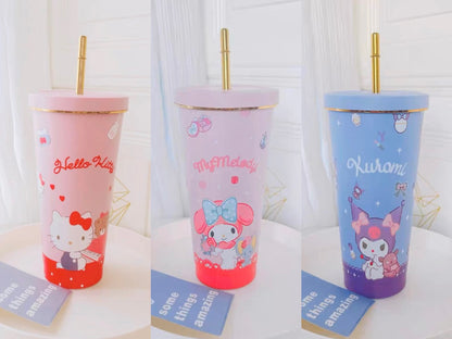 Sanrio Tumbler with Straw Warm Cool Lovely Cup Hello Kitty My Melody Kuromi Pompompurin Pochacco Keroppi - with cleaning tool