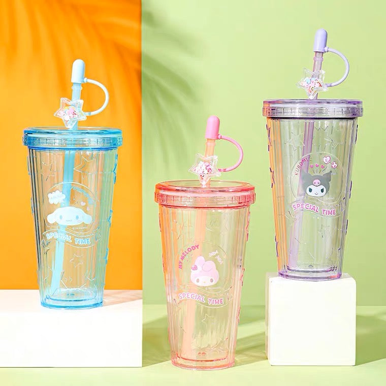 Sanrio Gittler Star Summer Cup My Melody Kuromi Cinnamoroll Pochacco Pompompurin Plastic Water Bottle with Straw for Cool Drink Lovely Cup