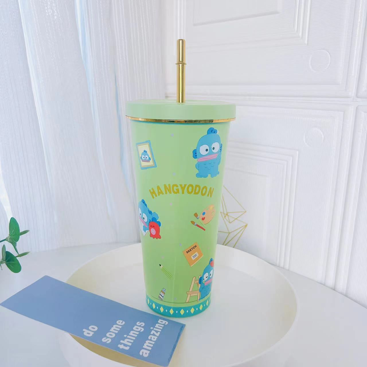 Japanese Cartoon Tumbler with Straw Warm Cool Lovely Cup Hello Kitty My Melody Kuromi Pompompurin Pochacco Hangyodon Cinnamoroll - with cleaning tool