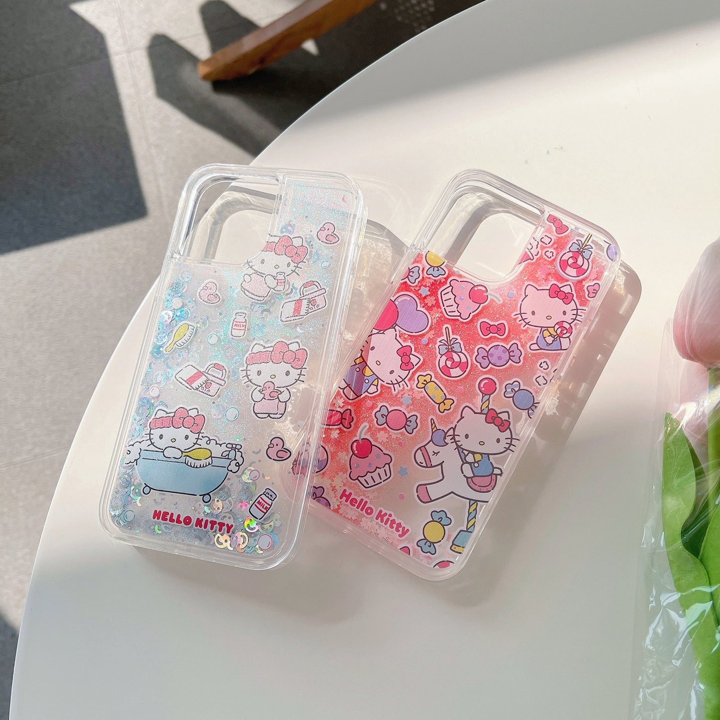 Japanese Cartoon KT Red Party Blue Bathing Glitter QuickSand iPhone Case 15 14 13 12 11 XS XR Pro Max Plus