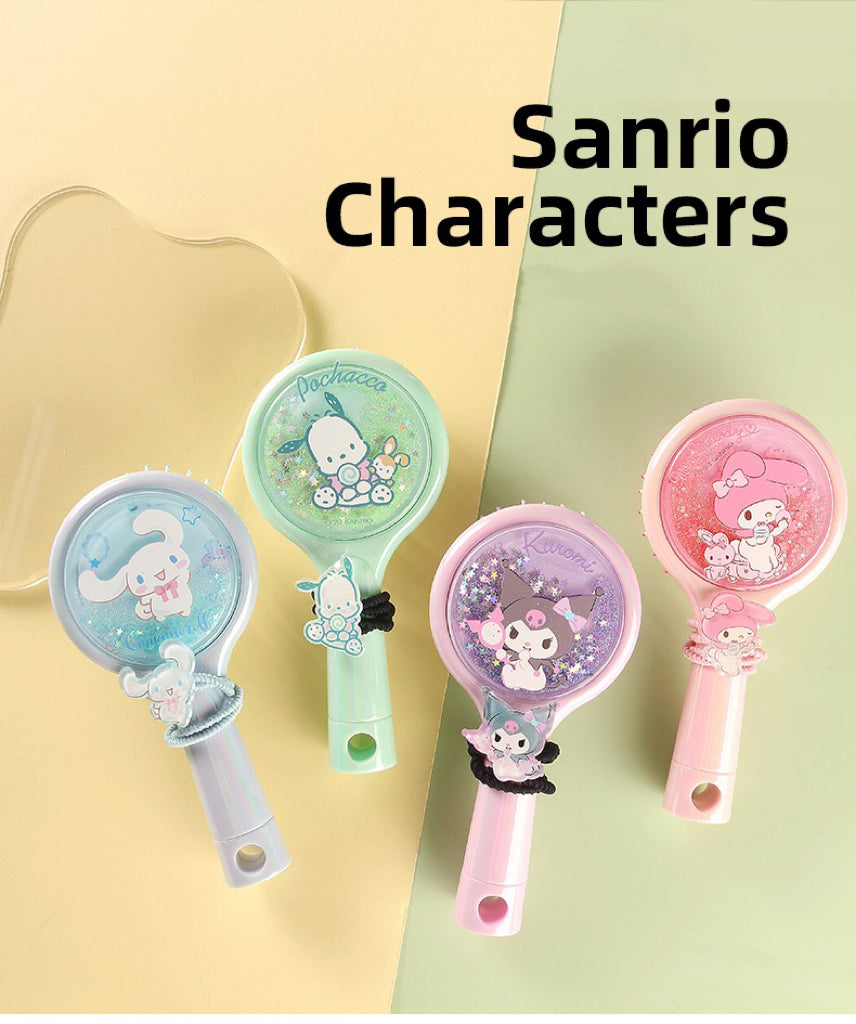 Sanrio Glitter QuickSand Paddle Brush Comb | My Melody Kuromi Cinnamoroll Pochacco - with Hair Tie Set