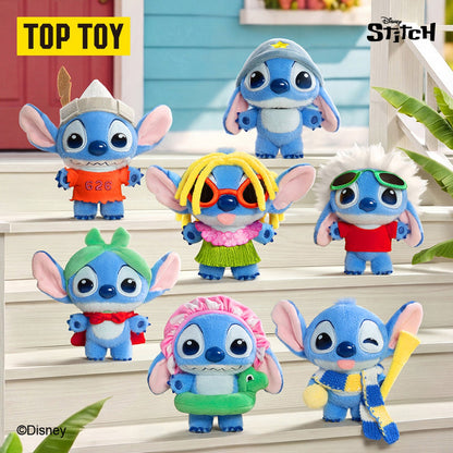 TOPTOY Disney Stitch in Cute Costumes Series Plush Charm blind box - full style lineup on white steps
