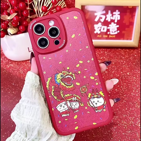 Japanese Cartoon ChiiKawa TPU Leather | Dragon Dance Hachiware - iPhone Case 12 13 14 15 Pro Promax