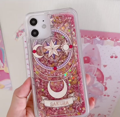 Japanese Anime CardCaptorSakura Sakura Card- Pink Heart Glitter QuickSand iPhone Case 6 7 8 PLUS SE2 XS XR X 11 12 13 14 15 Pro Promax 12mini 13mini