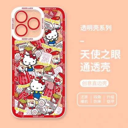Japanese Cartoon Sanrio Friends with Foods Full Screen | Hello Kitty My Melody Kuromi Cinnamoroll Pompompurin Pochacco Hangyodon Keroppi - iPhone Case 7 8 PLUS SE2 XS XR X 11 12 13 14 15 16 16e 17 Pro Promax 12mini 13mini
