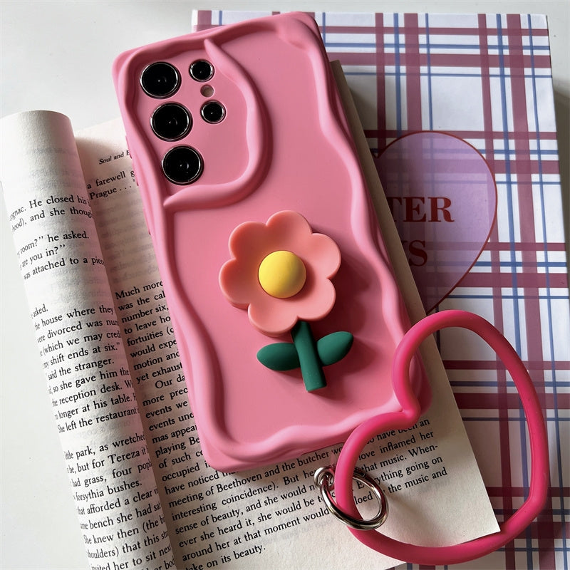 Koren Style Colourful Silicone Case with Heart Handle | Flower BabyPink Yellow Pink Purple BabyBlue - Phone Case Samsung Galaxy S24 S23 S22 Plus Ultra KawaiiGiftLand