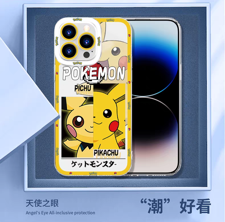 Japan Cartoon Pokemon Half Face Version | Pichu Pikachu - iPhone Case 6 7 8 PLUS SE2 XS XR X 11 12 13 14 15 16 16e Pro Promax 12mini 13mini