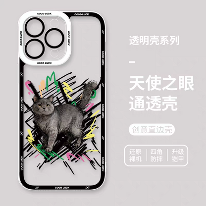 Simple Style Cat with Sketch | 8 Styles - iPhone Case PLUS SE2 XS XR X 11 12 13 14 15 16 16e 17 17e Pro Promax 12mini 13mini