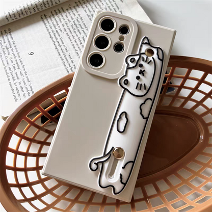 Cute Animal | White Cat with Phone Bar Handle and Stand - Phone Case Samsung Galaxy S24 S23 S22 Plus Ultra KawaiiGiftLand