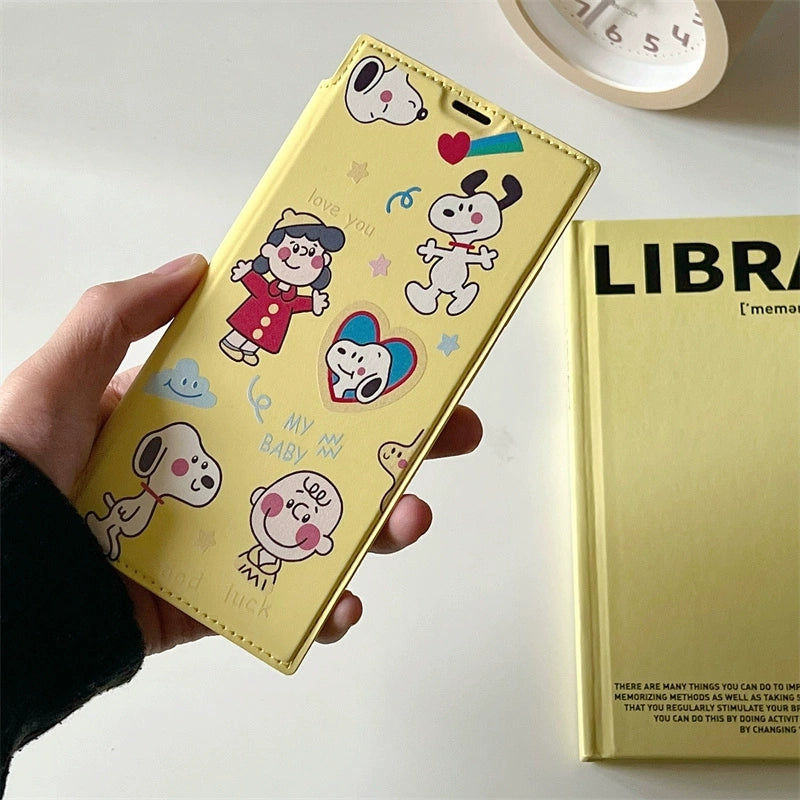 Cute Cartoon Fold Phone Case | White Dog and Friends Yellow - Phone Case Samsung Galaxy S25 S24 S23 S22 Ultra KawaiiGiftLand