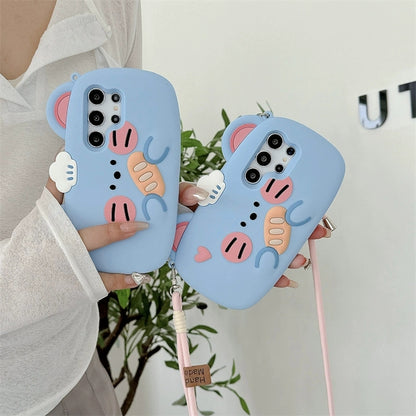 Cute Animal Silicone Phone | Blue Mouse with Bread  - Phone Case Samsung Galaxy S24 S23 Plus Ultra
