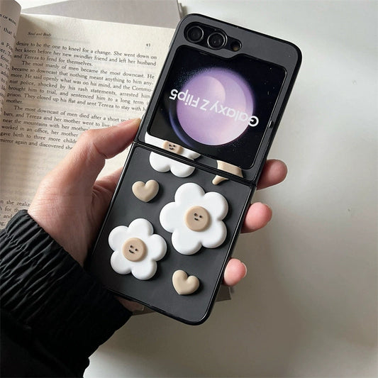 Korean Fashion Style | Black with 3D Daisy Little Flower - Phone Case Samsung Galaxy Z Fold Flip 4 5 KawaiiGiftLand