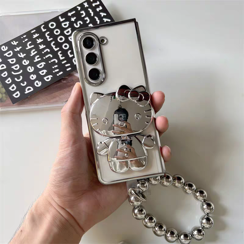 Japanese Cartoon | Silver Plating Hello Kitty with Phone Stand & Mirror - Phone Case Samsung Galaxy Z Fold 3 4 5