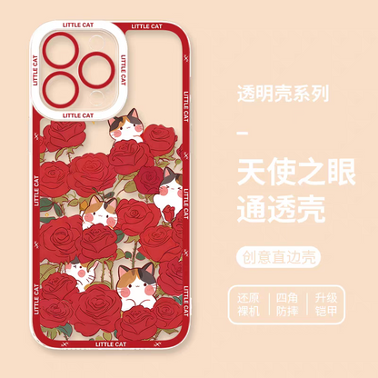 Japan Style Simple Cute Animals Style | Little Cats with Flowers - iPhone Case PLUS SE2 XS XR X 11 12 13 14 15 16 16e 17 17e Pro Promax 12mini 13mini