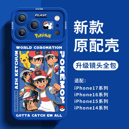 Japanese Cartoon Pokemon Silicone Case World Coronation | Ash Ketchum with Pikachu - iPhone Case 6 7 8 PLUS SE2 XS XR X 11 12 13 14 15 16 16e 17 Pro Promax 12mini 13mini