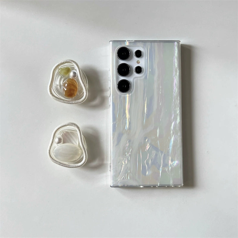 Korea Fashion Cute Style with Phone Stand | Shell with Pearl  - Phone Case Samsung Galaxy S24 S23 S22 Ultra