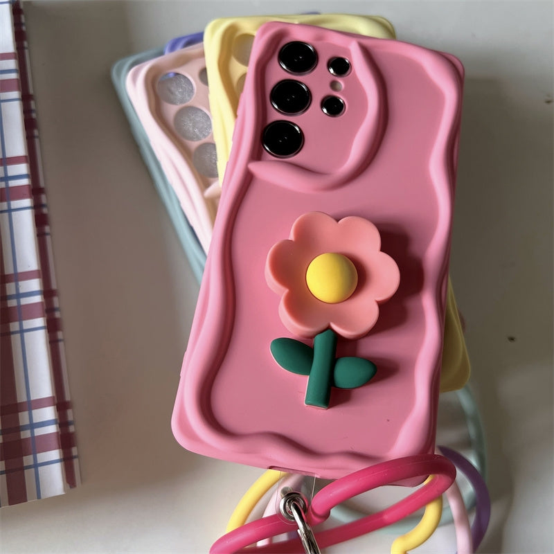 Koren Style Colourful Silicone Case with Heart Handle | Flower BabyPink Yellow Pink Purple BabyBlue - Phone Case Samsung Galaxy S24 S23 S22 Plus Ultra KawaiiGiftLand