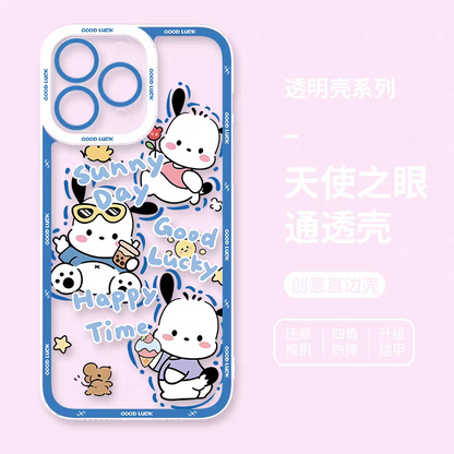 Japanese Cartoon Sanrio Friends Fun Emo Full Screen | Hello Kitty My Melody Kuromi Cinnamoroll Pompompurin Pochacco Hangyodon - iPhone Case PLUS SE2 XS XR X 11 12 13 14 15 16 16e 17 17e Pro Promax 12mini 13mini