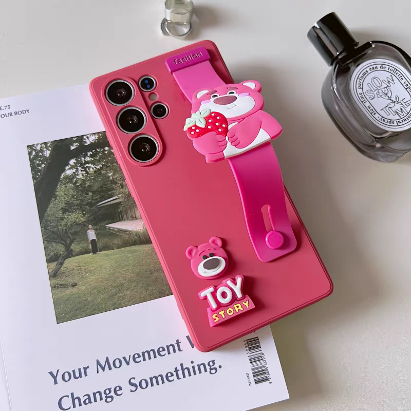Cute Cartoon Phone Bar Handle and Stand | Strawberry Bear - Phone Case Samsung Galaxy S25 S24 S23 S22 Ultra KawaiiGiftLand
