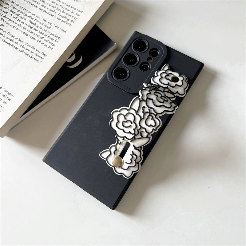 Vintage Style Silicone Phone Case with Phone Bar Handle and Stand | Camellia Black - Phone Case Samsung Galaxy S24 S23 S22 Ultra KawaiiGiftLand