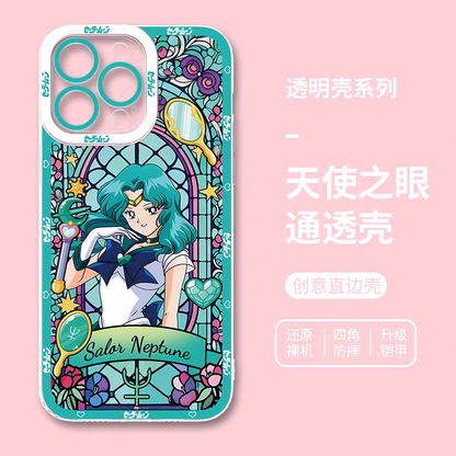 Japanese Cartoon Sailor Moon Phone Case Glass Window Style | Sailor Moon Venus Neptune Mars Pluto Saturn Jupiter Mercury - iPhone Case 7 8 PLUS SE2 XS XR X 11 12 13 14 15 16 16e 17 17e Pro Promax 12mini 13mini