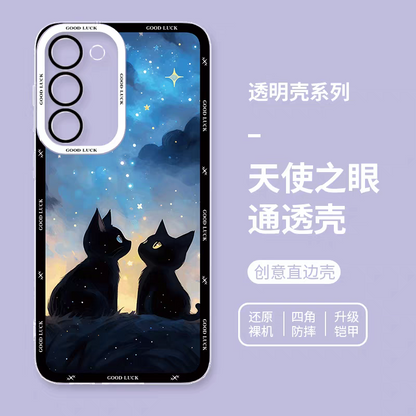 Girlish Fancy Oil Drawing | Two Black Cat with Starry Blue Night - Phone Case Samsung Galaxy S25 S24 S23 S22 S21 FE Ultra Edge
