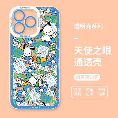 Japanese Cartoon Sanrio Friends with Foods Full Screen | Hello Kitty My Melody Kuromi Cinnamoroll Pompompurin Pochacco Hangyodon Keroppi - iPhone Case 7 8 PLUS SE2 XS XR X 11 12 13 14 15 16 16e 17 Pro Promax 12mini 13mini
