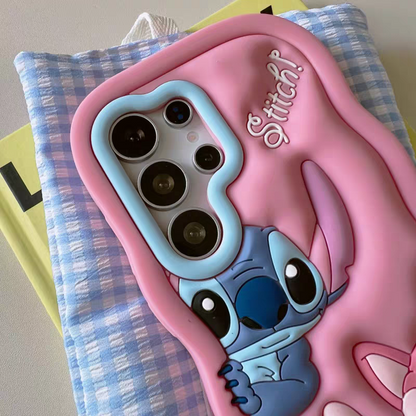 Cartoon Silicone Phone Case | Stitch Pink Blue - Phone Case Samsung Galaxy S25 S24 S23 Ultra KawaiiGiftLand
