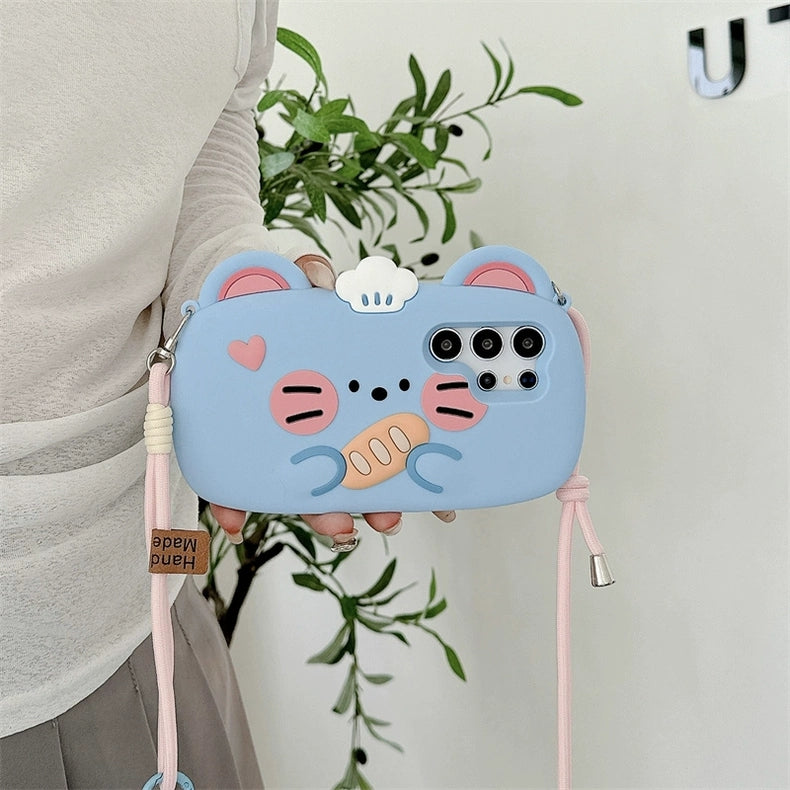 Cute Animal Silicone Phone Case | Blue Mouse with Bread  - Phone Case Samsung Galaxy S24 S23 Plus Ultra KawaiiGiftLand