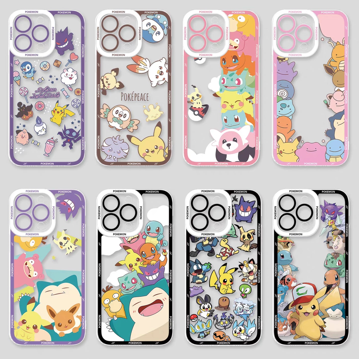 Japan Cartoon Pokemon Group Party Version | Frame & Full Screen 8 Styles - iPhone Case PLUS SE2 XS XR X 11 12 13 14 15 16 16e 17 17e Pro Promax 12mini 13mini