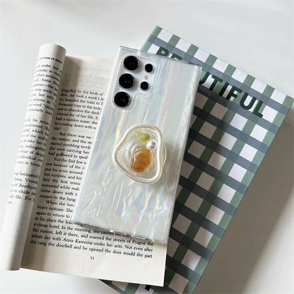 Korea Fashion Cute Style with Phone Stand | Shell with Pearl  - Phone Case Samsung Galaxy S24 S23 S22 Ultra KawaiiGiftLand