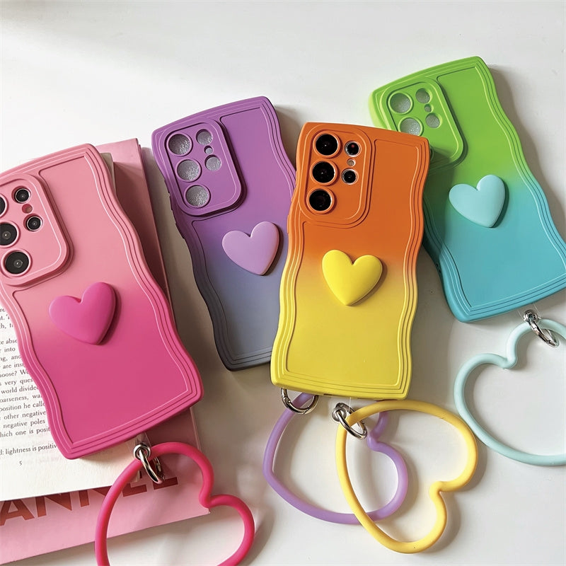 Koren Style Gradient Color Silicone Case with Heart Handle | Rose Red Yellow Blue Purple Heart - Phone Case Samsung Galaxy  S24 S23 S22 Ultra
