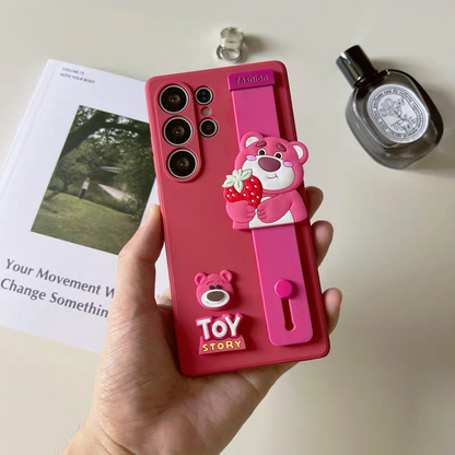 Cute Cartoon Phone Bar Handle and Stand | Strawberry Bear - Phone Case Samsung Galaxy S25 S24 S23 S22 Ultra KawaiiGiftLand