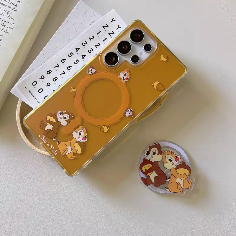 Cute Cartoon Magnetic Case with Phone Stand | Chip & Dale Stand & Sit Down - Phone Case Samsung Galaxy S25 S24 S23 Ultra KawaiiGiftLand