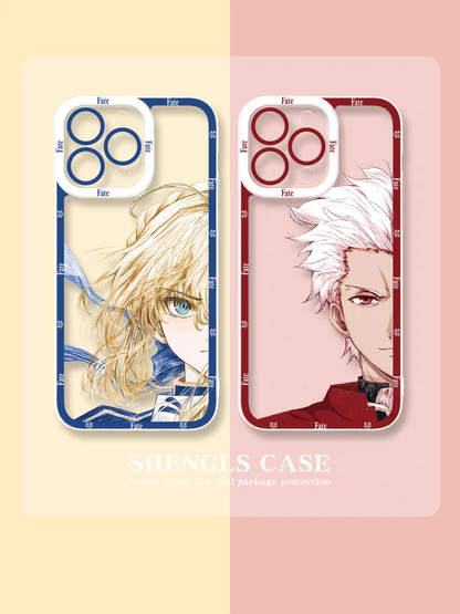 Japanese Anime Fate Stay Night Half Big Face Drawing Style | Artoria Pendragon Saber - iPhone Case 6 7 8 PLUS SE2 XS XR X 11 12 13 14 15 16 16e 17 Pro Promax 12mini 13mini
