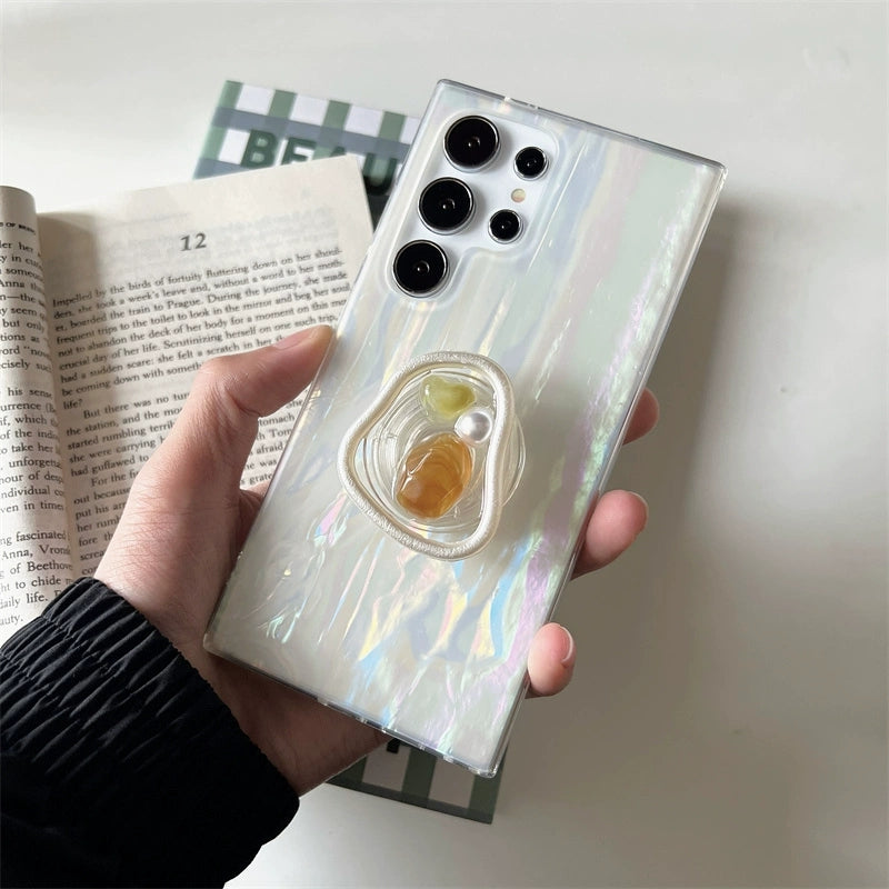 Korea Fashion Cute Style with Phone Stand | Shell with Pearl  - Phone Case Samsung Galaxy S24 S23 S22 Ultra KawaiiGiftLand