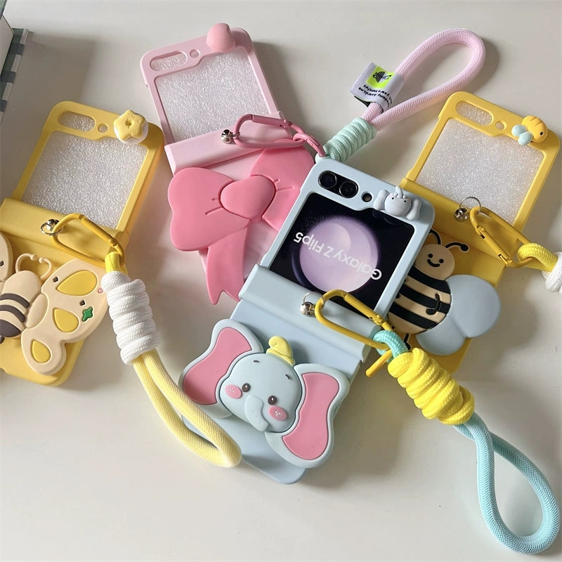 Korea Style Cute Style with Phone Stand | Elephant Bee Butterfly Ribbon - Phone Case Samsung Galaxy Z Flip 3 4 5 KawaiiGiftLand