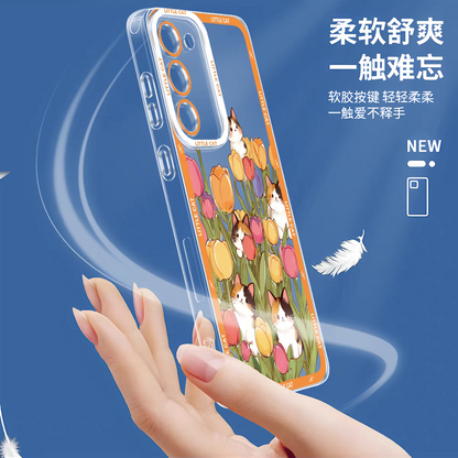 Japan Style Simple Cute Animals Style | Little Cats with Flowers - Phone Case Samsung Galaxy S26 S25 S24 S23 S22 S21 FE Ultra Edge