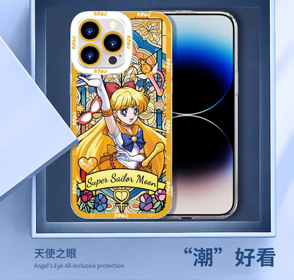 Japanese Cartoon Sailor Moon Phone Case Glass Window Style | Sailor Moon Venus Neptune Mars Pluto Saturn Jupiter Mercury - iPhone Case 7 8 PLUS SE2 XS XR X 11 12 13 14 15 16 16e 17 17e Pro Promax 12mini 13mini
