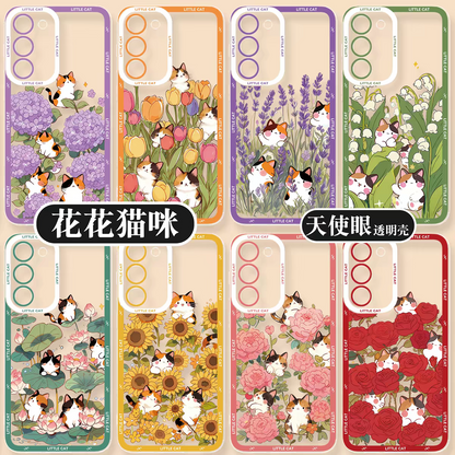 Japan Style Simple Cute Animals Style | Little Cats with Flowers - Phone Case Samsung Galaxy S26 S25 S24 S23 S22 S21 FE Ultra Edge